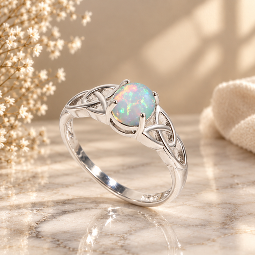 Bague Opale Céleste – Argent 925 & Nœud Celtique