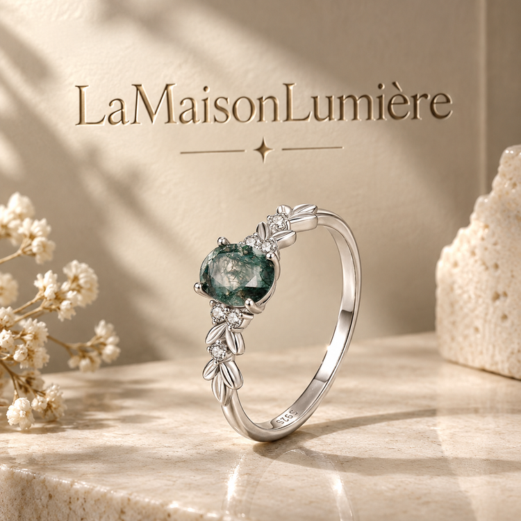 Bague Agate Mousse – Argent 925 & Feuillage Scintillant
