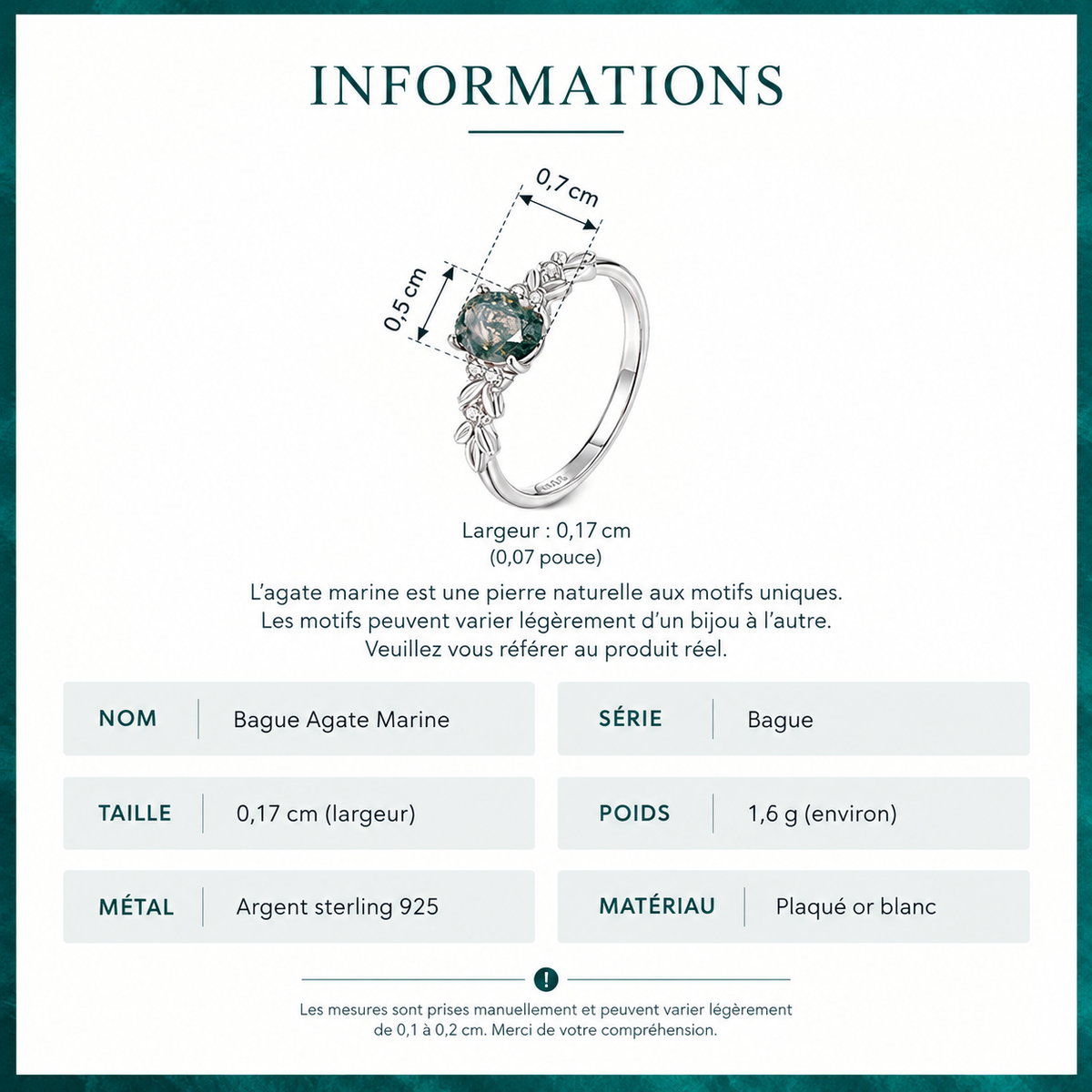 Bague Agate Mousse – Argent 925 & Feuillage Scintillant