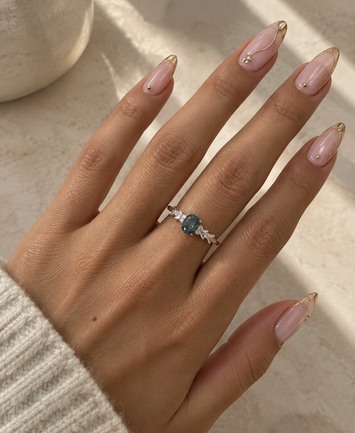 Bague Agate Mousse – Argent 925 & Feuillage Scintillant