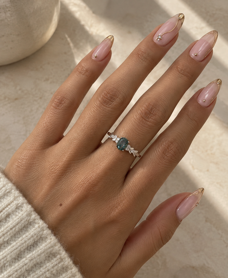 Bague Agate Mousse – Argent 925 & Feuillage Scintillant